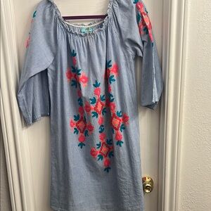 Striped Blue Midi Dress with Floral Embroidery